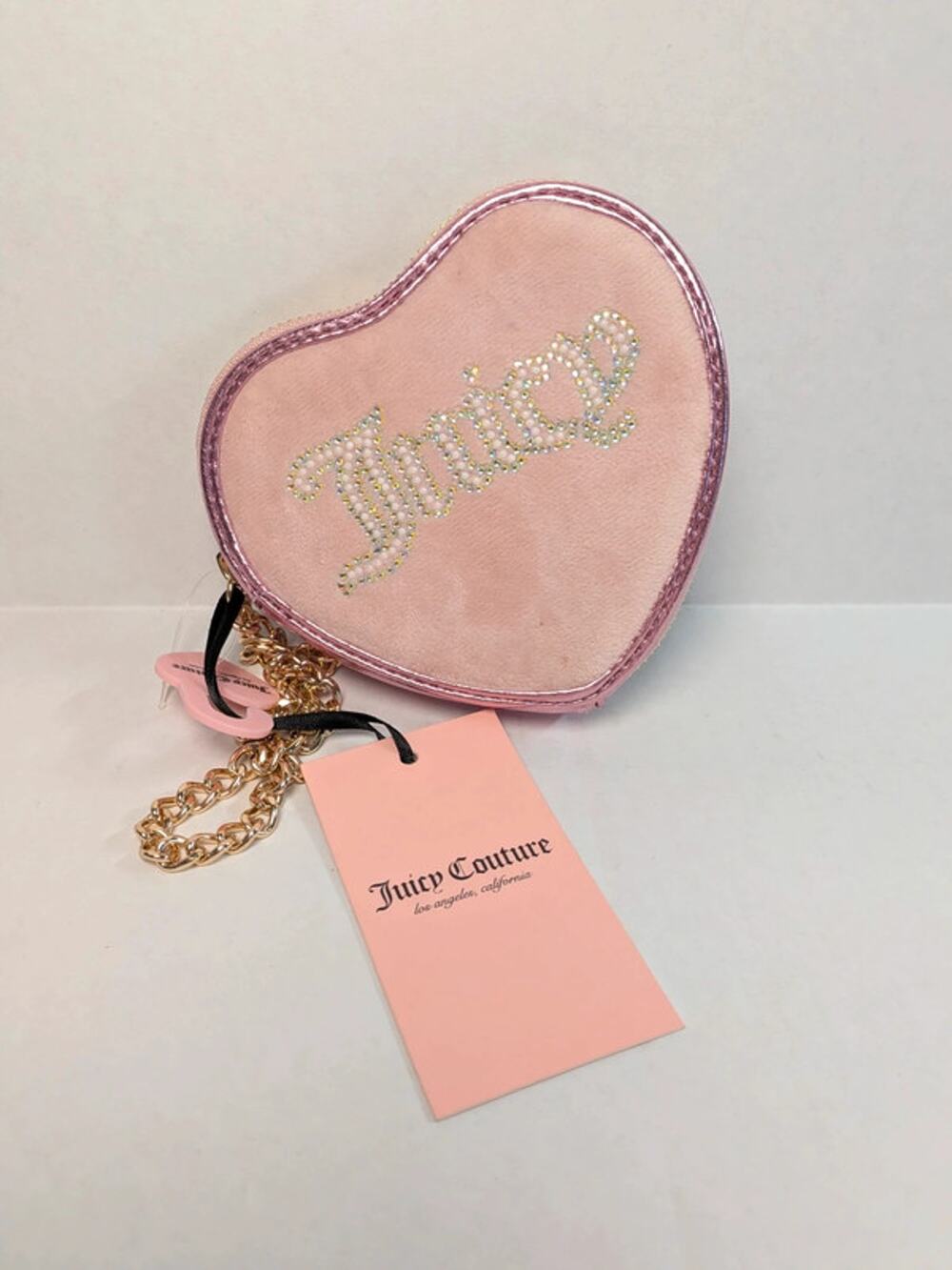 NWT Juicy Couture Heart Shaped Mini Bag Pink Rhinestone Juicy Logo Gold Chain